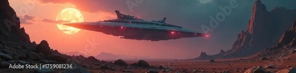 Fototapeta Eerie Alien Ship Hovers Over Desolate Landscape, Casting an Eerie Glow on Ancient Ruins of a Forgotten Civilization, Evoking Cosmic Horror and Mystery.