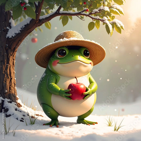 Fototapeta Charming Frog with Apple in Winter: A cheerful frog wears a straw hat and holds a vibrant red apple under a snow-covered tree, amidst a gentle snowfall. A heartwarming scene of whimsical charm.