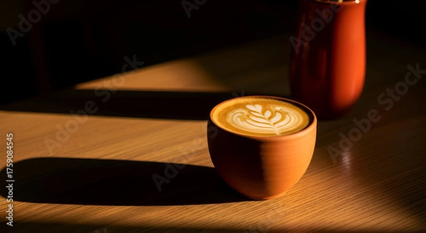 Fototapeta Aesthetic coffee latte with artistic foam pattern and a terracotta pot set in dim lighting