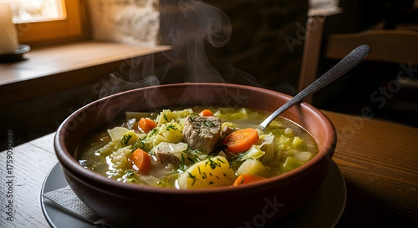 Obraz A steaming bowl of delicious homemade vegetable soup on a wooden table close up