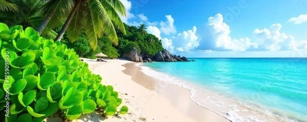 Fototapeta Lush Green Vegetation Thriving on Pristine Sandy Beach, Turquoise Water Gently Laps Shore; Calm, Vibrant Natural Beauty Perfect for Travel and Environmental Themes