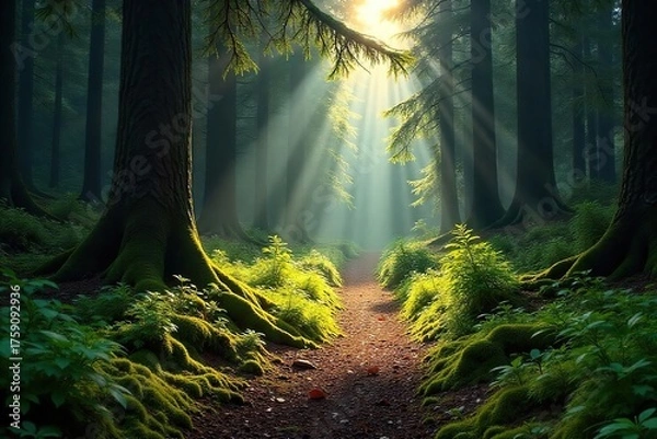Fototapeta Mystical Sun-Dappled Path Winding Through a Dense Evergreen Forest, Sunlight Filters Through the Canopy, Creating a Magical Atmosphere with Long Shadows on Mossy Ground