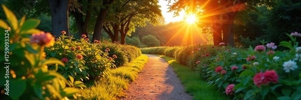 Fototapeta Golden Hour Garden Path Long Shadows and Vibrant Foliage Illuminate a Tranquil Sunset Scene, Perfect for Relaxation and Nature-Inspired Projects