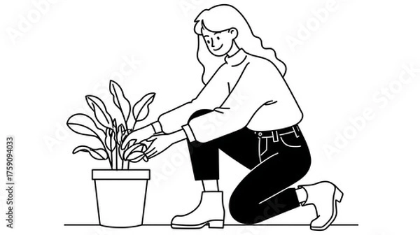 Fototapeta A woman is kneeling down to plant a small plant in a pot