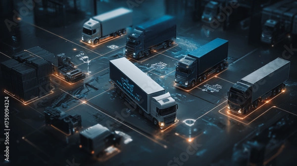 Fototapeta Top eyes view Smart Innovation connection cyber security Container truck in ship port for business Logistics transportation of Container Cargo ship Cargo plane with working crane bridge in shipyard