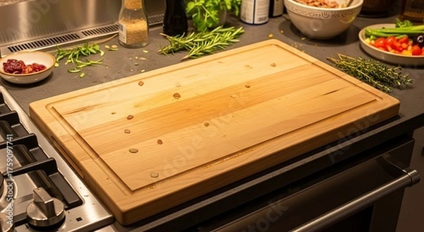Obraz Elegant kitchen scene featuring a wooden cutting board and fresh produce