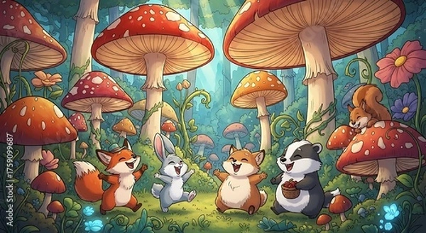 Obraz Whimsical Forest Friends Gathering Under Giant Mushrooms in a Magical Scene.