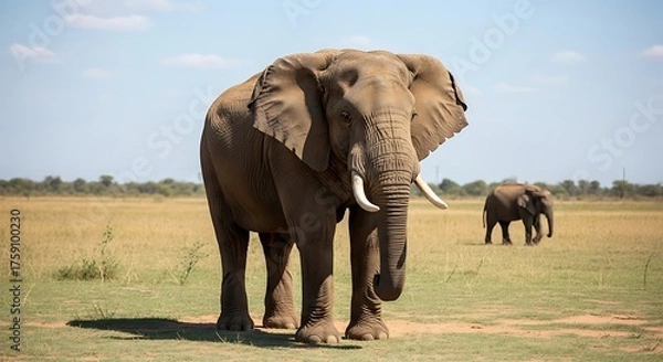 Obraz Majestic African Elephant Standing Proudly in the Savannah Under a Clear Blue Sky.