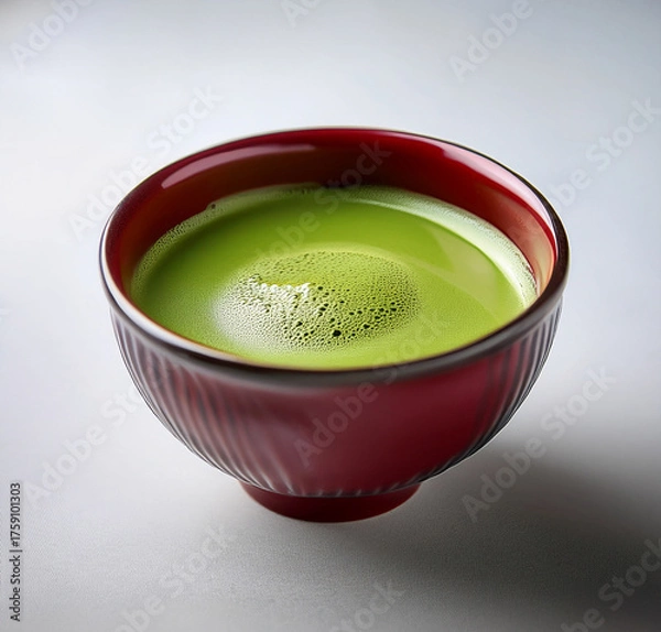 Fototapeta Traditional Japanese matcha green tea in dark red ceramic cup on white background. minimalist Japanese style, natural lighting. Generated image	