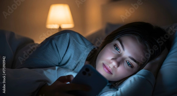 Obraz スマホの光に照らされる女性