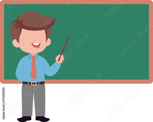Obraz Cartoon Teacher with Pointer in Front of Chalkboard