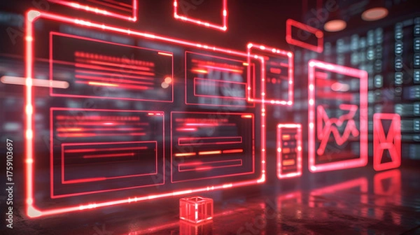 Obraz Abstract red neon frames data visualizations illuminate a dark, reflective digital space, symbolizing advanced technology, big data, connectivity concepts.