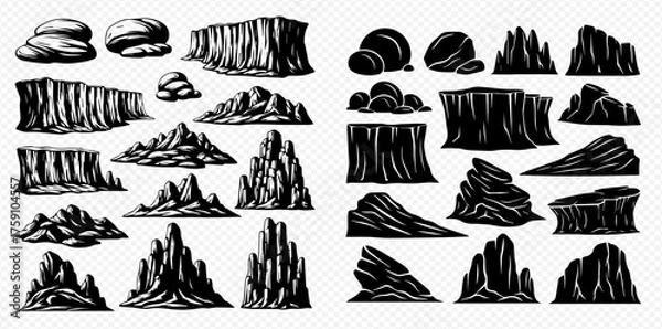 Fototapeta A collection of black and white drawings of various rock formations and cliff faces.
