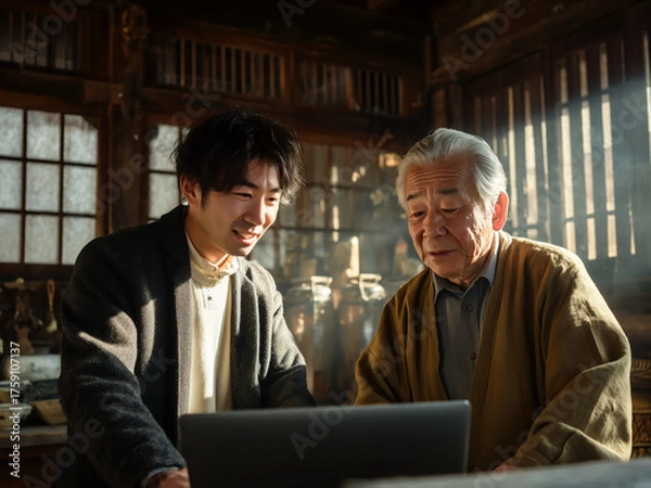 Obraz 縁側で孫とパソコンを楽しむおじいさん