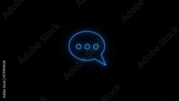 Fototapeta Glowing blue neon speech bubble icon with three dots indicating ongoing conversation or typing on a dark background
