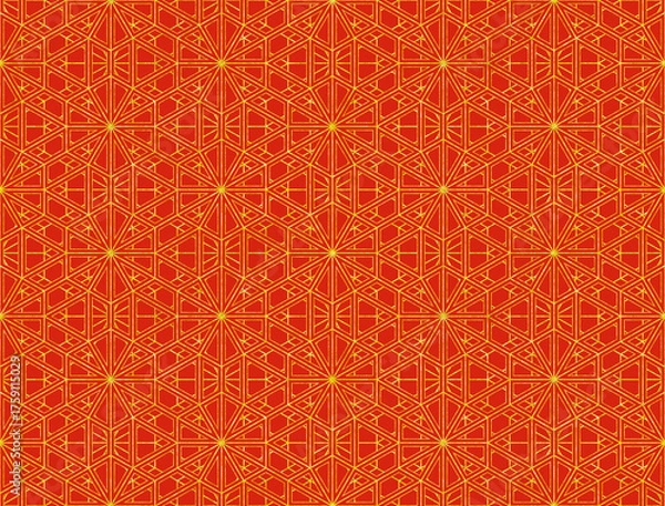 Fototapeta シームレスな赤地に金色ラインの変わり雪形亀甲文様背景