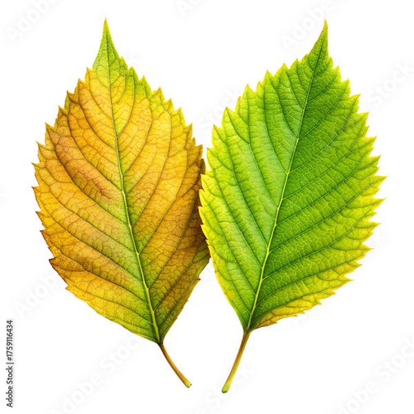 Fototapeta Two distinct autumn leaves one green and one yellow showing the transition of seasons isolated on transparent background