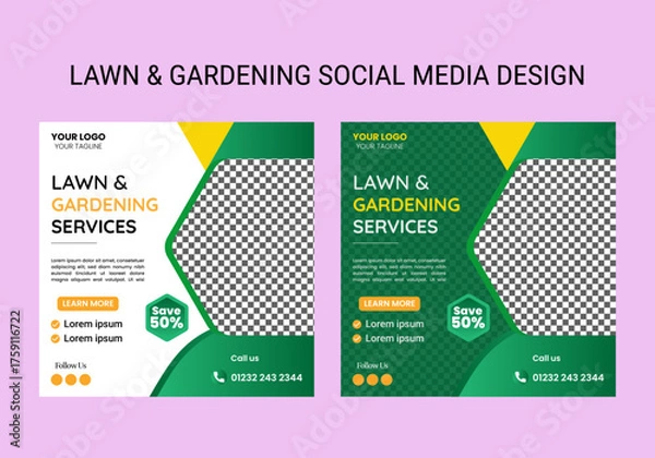 Obraz Lawn, garden, or Landscaping maintenance Service Social Media Post design, and Web square Banner Template, Agriculture farm service social media post, or Instagram banner design, web template