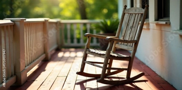 Fototapeta Weathered wooden rocking chair on a sun drenched porch with a gentle breeze rustling nearby autumn leaves. A weathered wooden rocking chair sits empty on a sun drenched porch. Golden autumn leaves are
