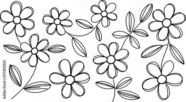 Obraz Hand-drawn floral pattern, doodle daisy flowers, whimsical botanical illustration, black and white outline, decorative nature background design