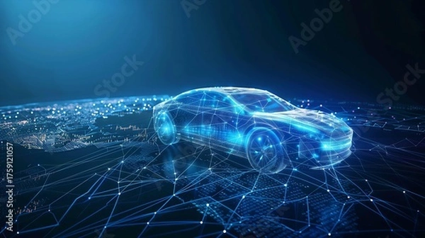 Obraz Blue glowing network illustration of a futuristic car. AI, autonomous driving, or smart city technology concept on an abstract data grid and blurred background.