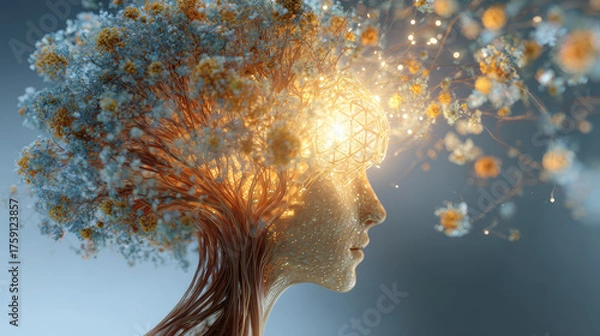 Obraz 3D render of a human profile merging with a glowing tree. Warm orange light symbolizes thought, creativity, and AI. Abstract concept for mental health, consciousness, or connection with nature.