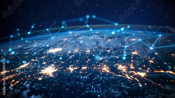 Obraz Earth night view from space with a glowing blue network connecting city lights. Abstract background representing globalization, big data, internet, and communication technology. Ideal for business, 