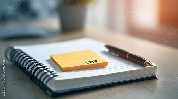 Fototapeta A pen and notepad with a sticky note rest on a wooden desk.