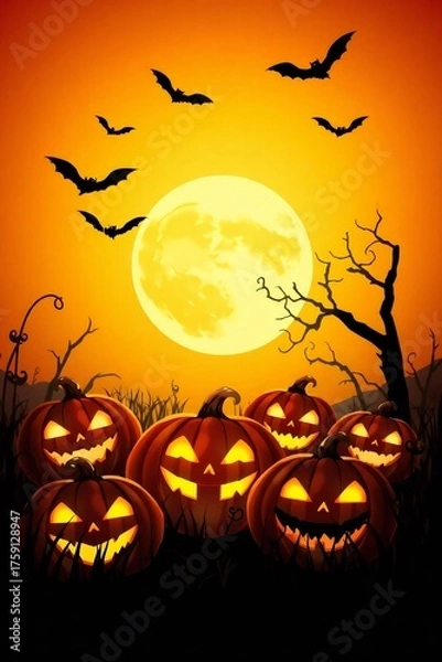 Fototapeta Spooky halloween scene with glowing jack o lanterns and bats against a full moon