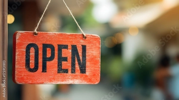 Fototapeta Rustic red wooden sign hanging on a string displays the word "OPEN".