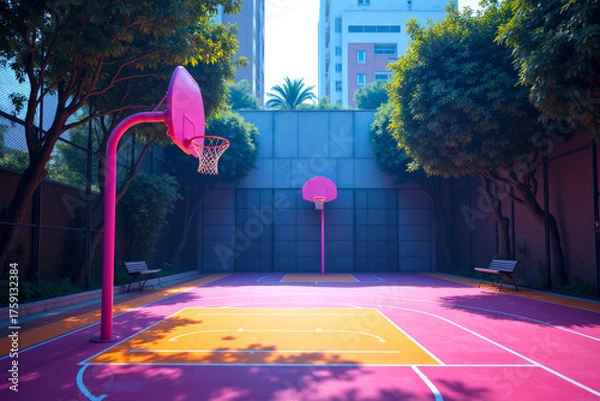 Fototapeta Vibrant basketball court surrounded by trees and buildings