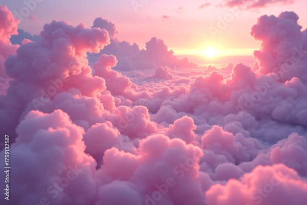 Fototapeta Beautiful sunset over fluffy pink clouds creates serene atmosphere