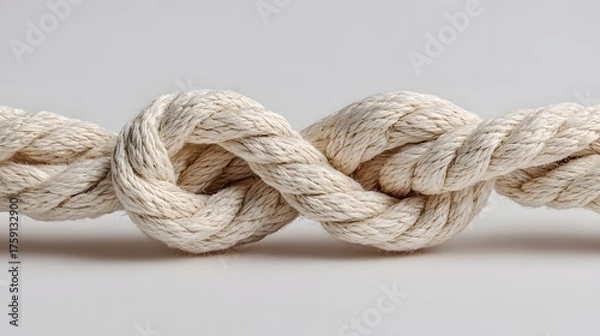 Fototapeta Thick rope is tied with a complex knot against a light background.