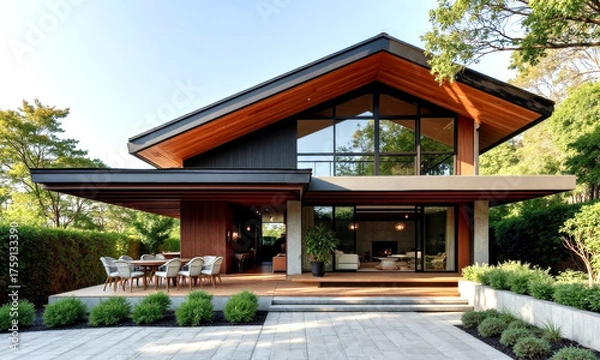 Fototapeta Modern house with wooden accents and large windows