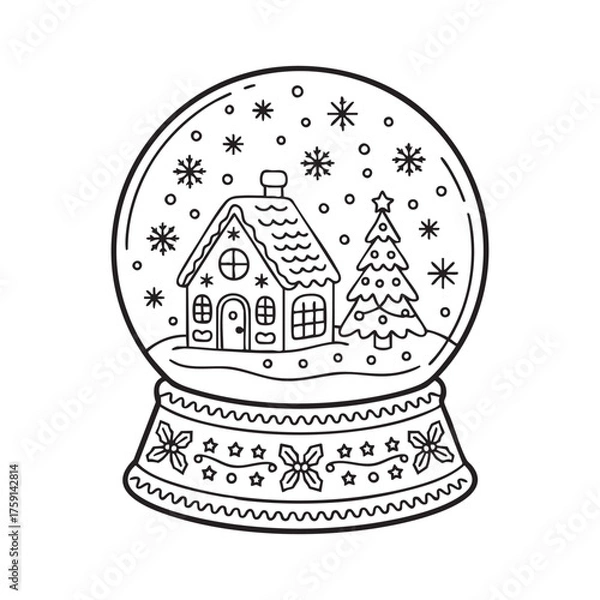 Fototapeta Festive snow globe illustration Christmas theme line art for coloring book