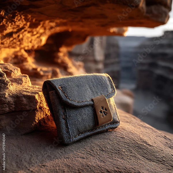 Fototapeta Stylish Textured Wallet on Rocky Surface During Sunset Glow