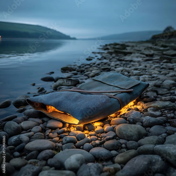 Fototapeta Mystical Glow from a Bag on Pebble Beach at Dusk