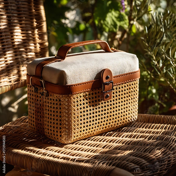 Fototapeta Stylish Woven Basket with Leather Handle for Storage and Organization