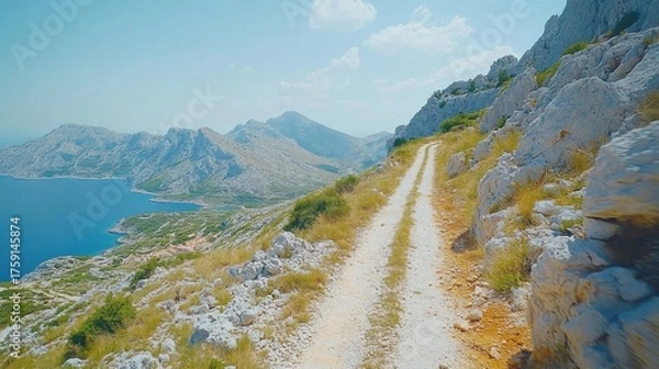 Fototapeta A winding dirt road ascends a rocky mountain with stunning coastal and mountain views under a bright sky