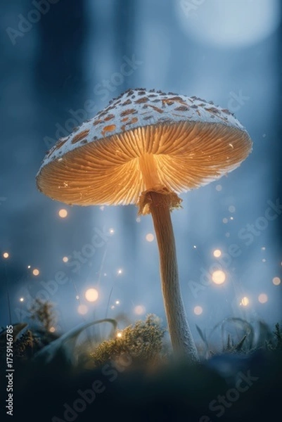 Fototapeta Enchanted Forest Mushroom Illuminated by Magical Glowing Orbs and Soft Moonlight.