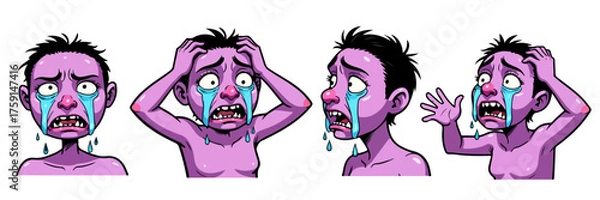Obraz A cartoon vector illustration of a man with a purple body crying in panic, screaming with tears, fear, and stress expressions.