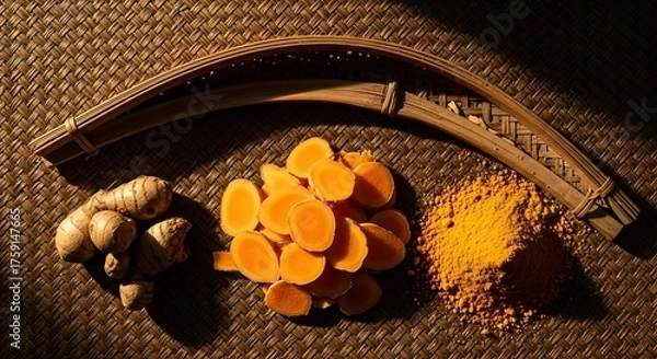 Obraz A vibrant display of turmeric (kunyit) in three forms: whole rhizomes, fresh slices, and bright yellow powder, on a woven bamboo mat.