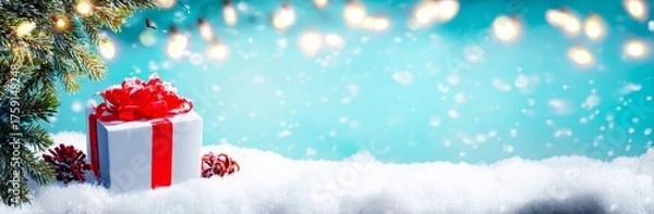 Fototapeta Christmas Gift with Red Ribbon on Snow with Tree Branch