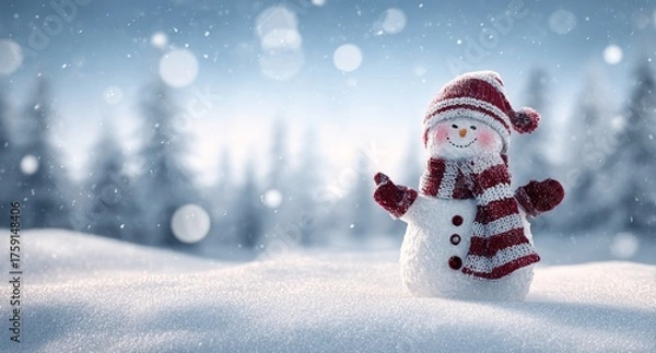 Fototapeta Happy Snowman in Winter Wonderland with Falling Snow.