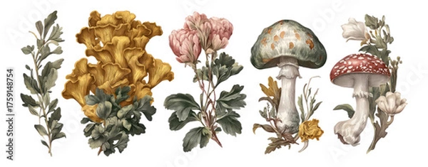 Obraz Colorful Wild Flora and Mushrooms on Transparent Background