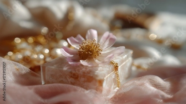 Obraz A luxury spa salt pink flower glass box soft fabric golden chain macro bokeh pastel romantic delicate wellness skincare bath aromatherapy relaxation beauty gift elegant feminine natural mineral