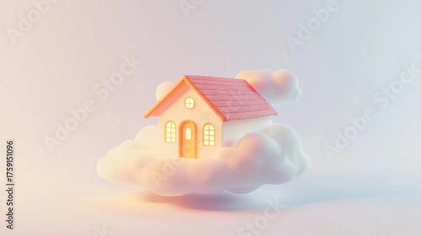 Fototapeta A charming 3D render of a pink house floating in the sky, symbolizing peace and imagination