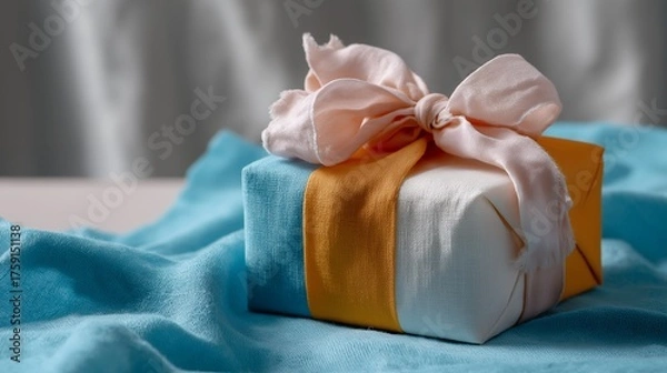 Obraz An elegant gift box pastel ribbon orange wrap soft fabric blue cloth delicate bow celebration present surprise minimal style