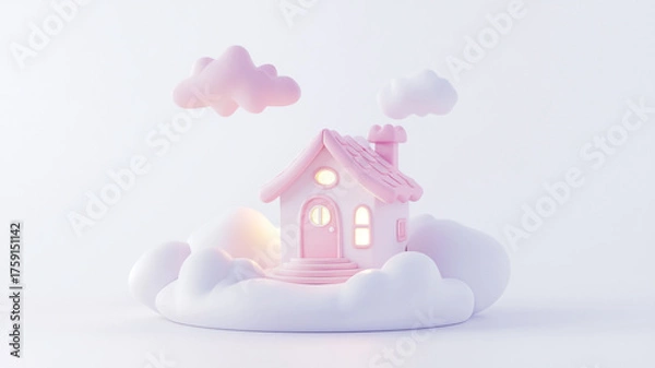 Fototapeta A cute pastel pink house floating on fluffy white clouds in a minimal dreamy atmosphere
