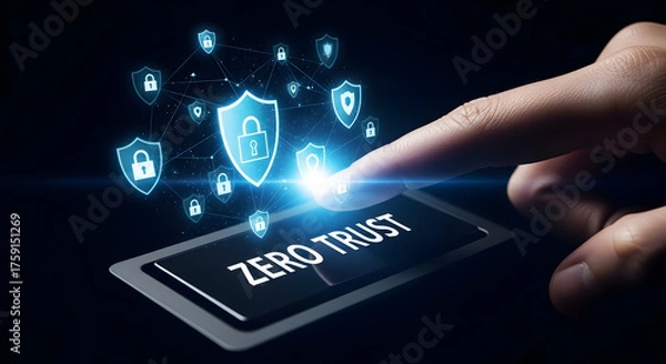 Fototapeta Finger presses 'Zero Trust' button surrounded by glowing security shields